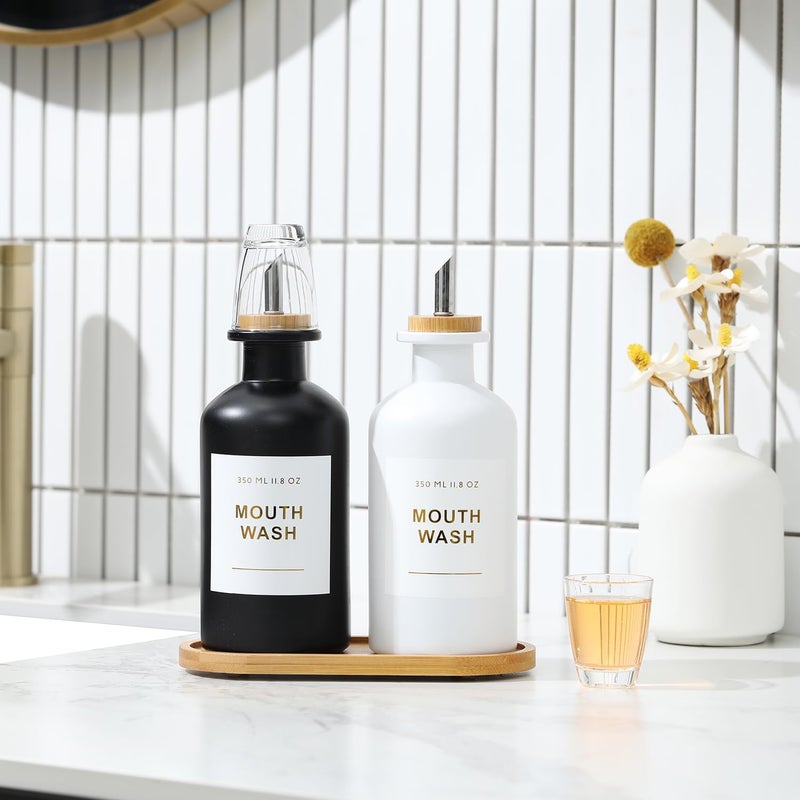 BONLONG 11.8OZ Mouthwash Dispenser for Bathroom with Bamboo & Stainless Steel Pour Spout, Mouthwash Cups Reusable, Bamboo Tray, and Elegant Gold Label. Set of 2（Black/White - Image 3